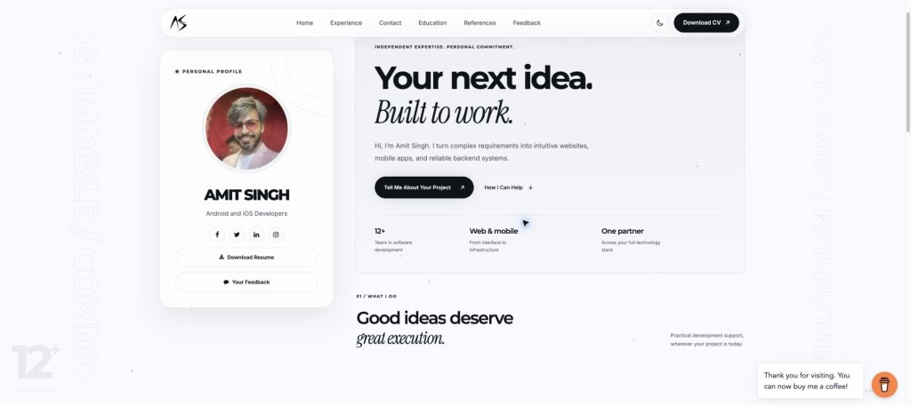 Amit Singh portfolio homepage with profile and development services